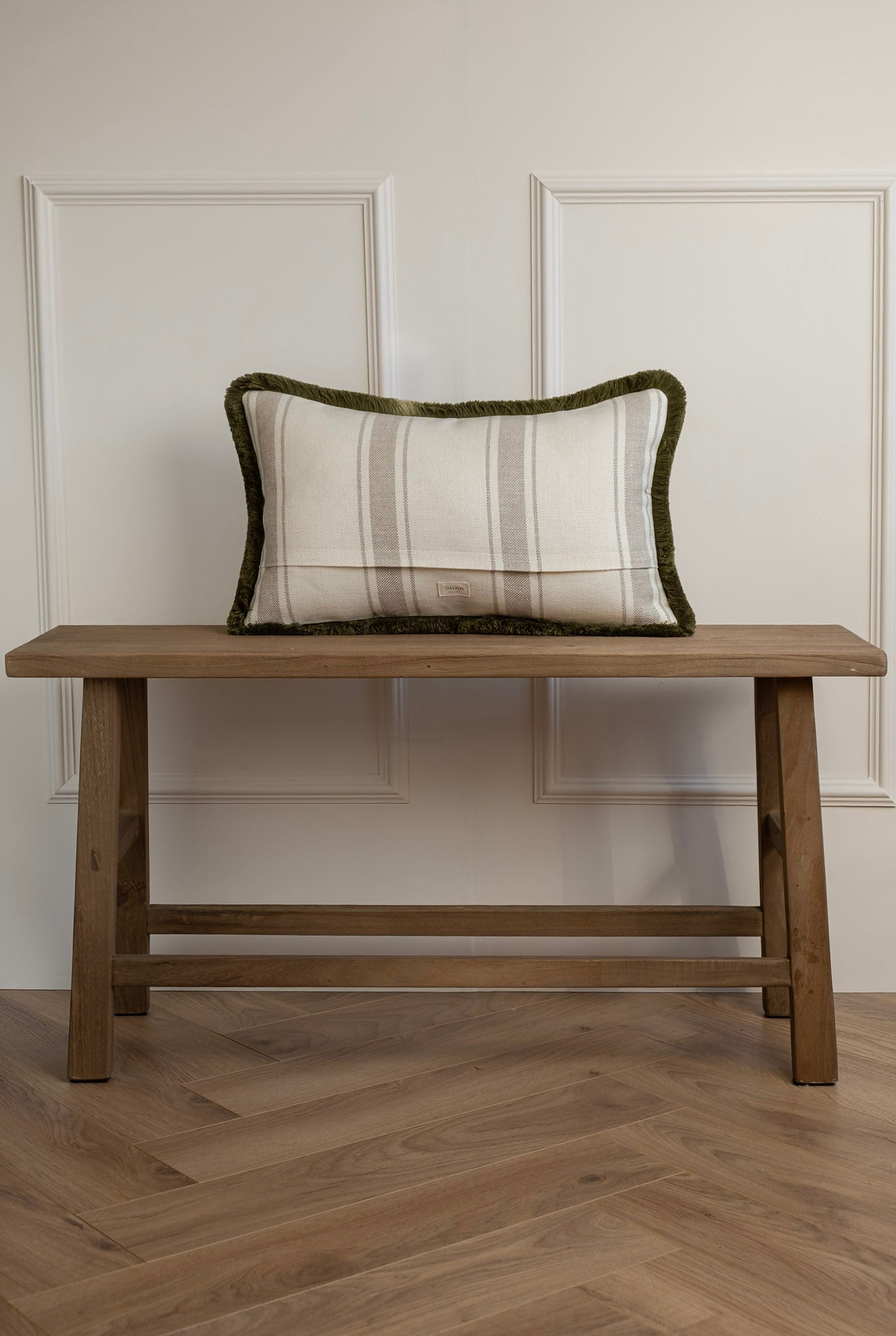 Shadowed Linen Stripe Cushion - Deep Olive Fringe