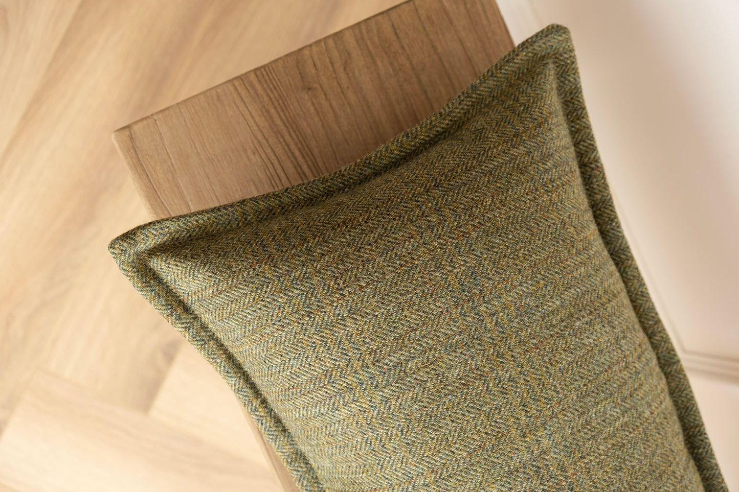 Lumbar Cushion, Green textured herringbone tweed cushion. Woven in Ireland. Irish Tweed cushion