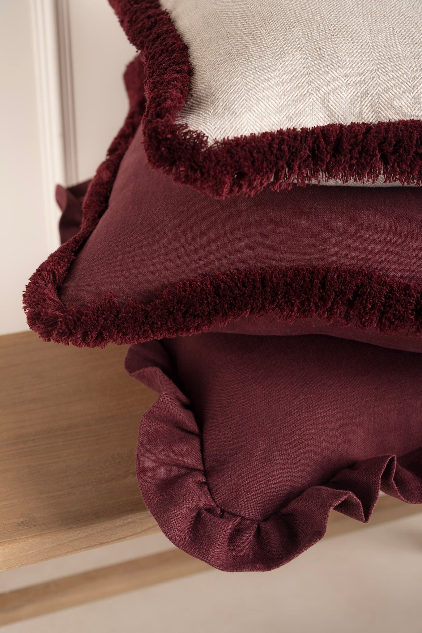 Collection of Burgundy Cushion. Frill and Fringe Edging. 100% Irish Linen