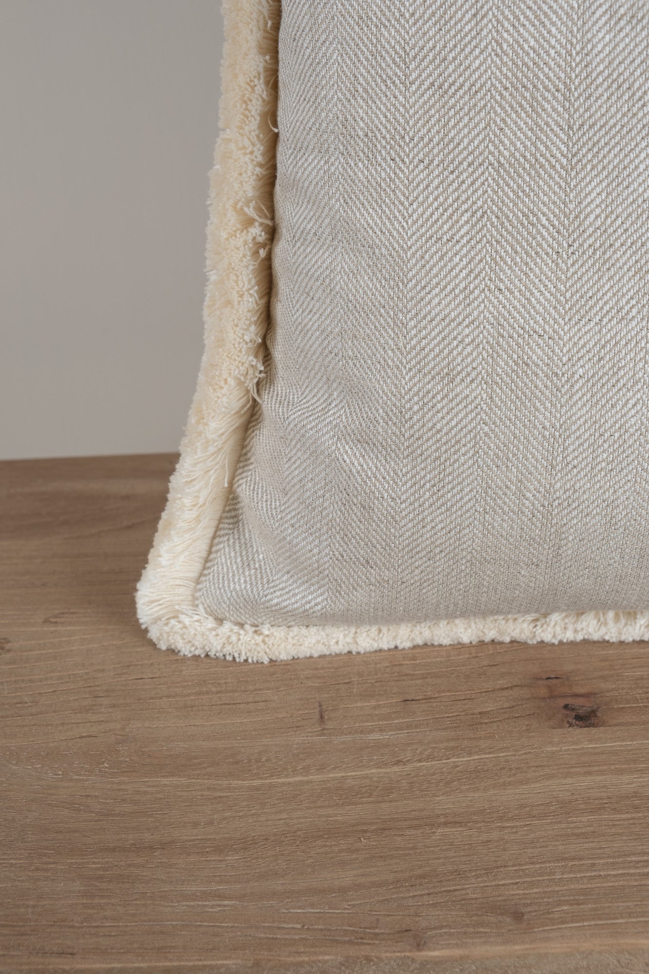 Herringbone Linen Cushion - Cream Fringe