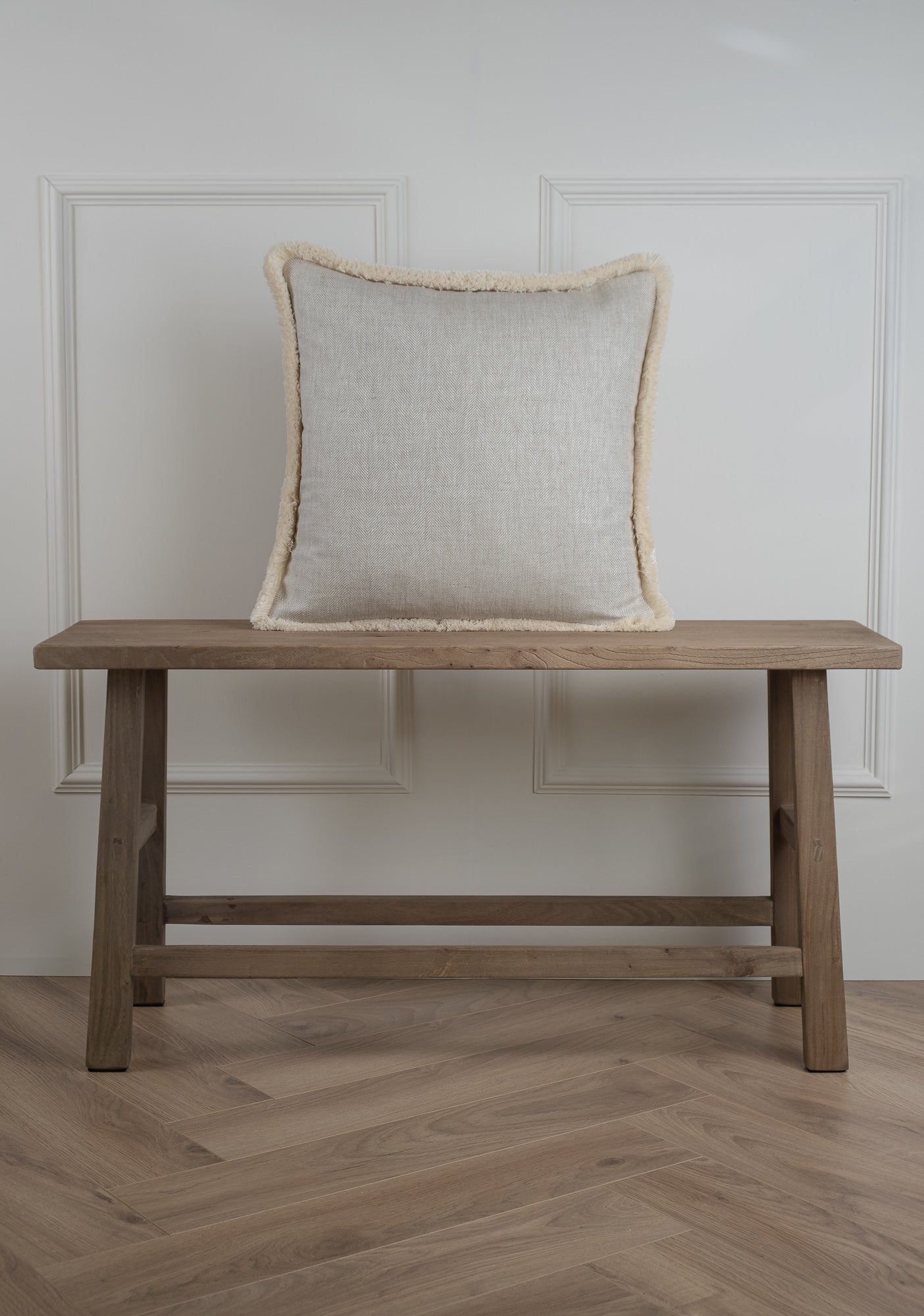 Herringbone Linen Cushion - Cream Fringe
