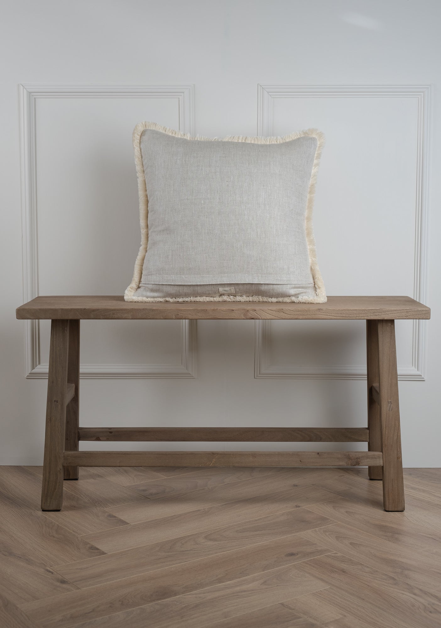 Herringbone Linen Cushion - Cream Fringe