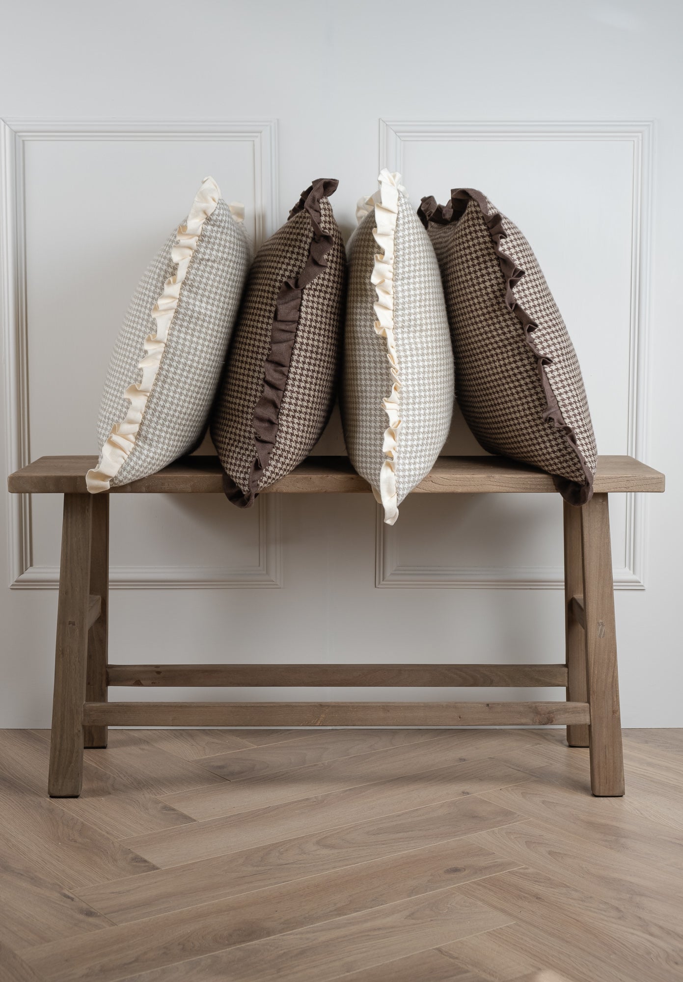 Houndstooth Frill Cushion - Brown