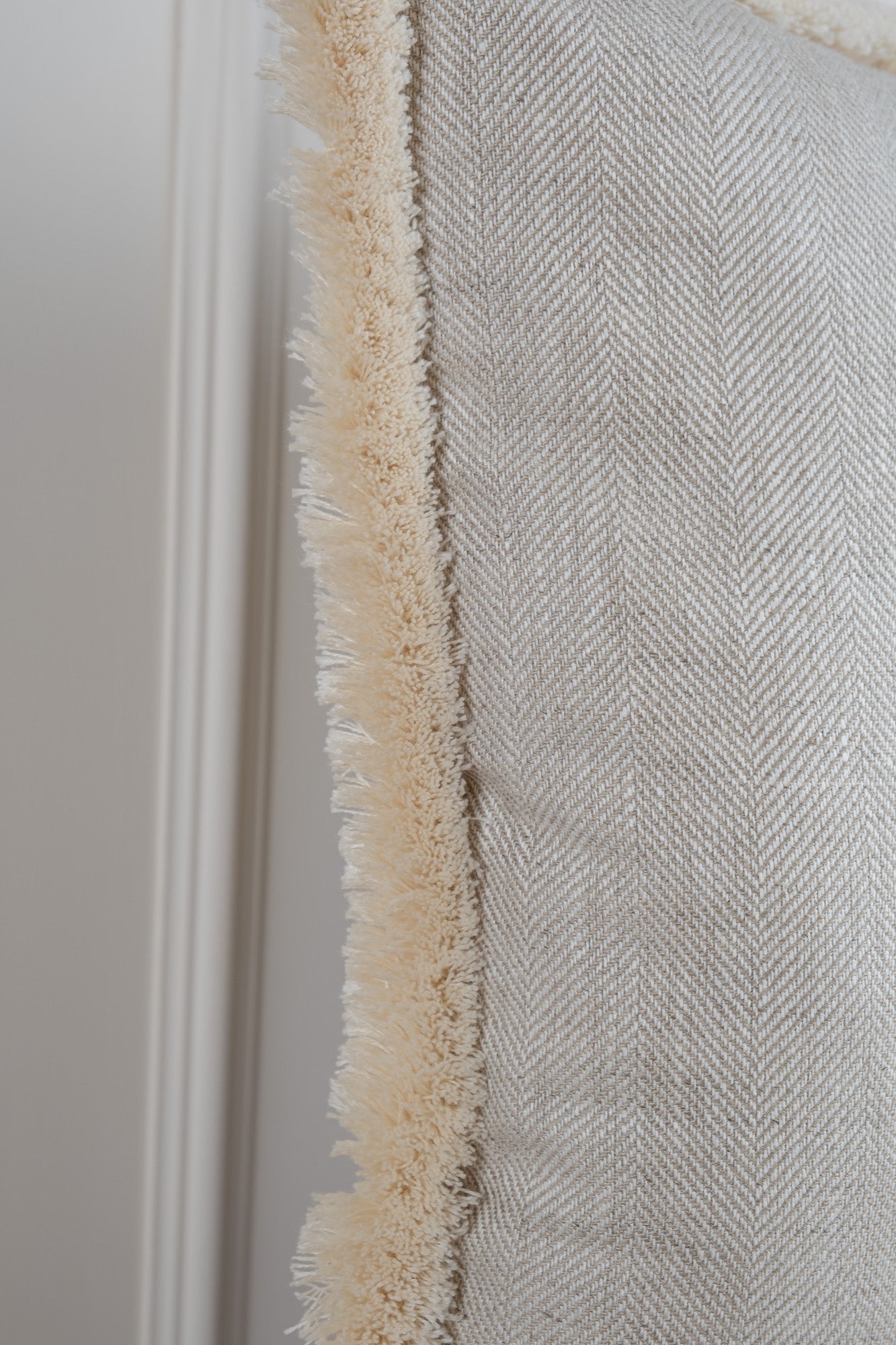 Herringbone Linen Cushion - Cream Fringe