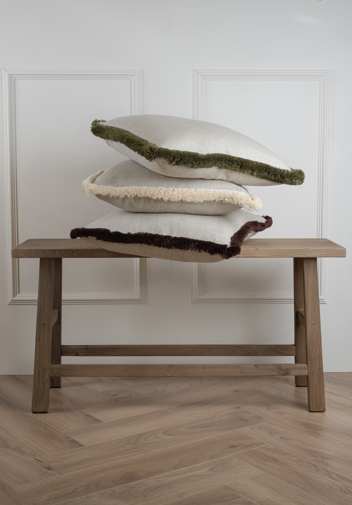 Herringbone Linen Cushion - Cream Fringe