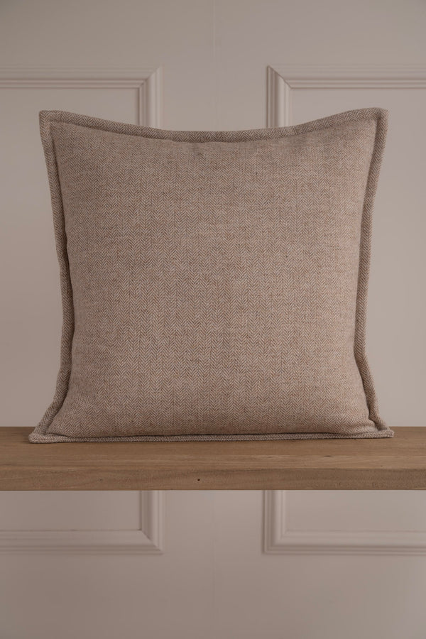 Beige, Natural Herringbone tweed cushion. Irish Tweed. 100% Pure New Wool. Stitched boarder detail. Made in Ireland, Handmade 