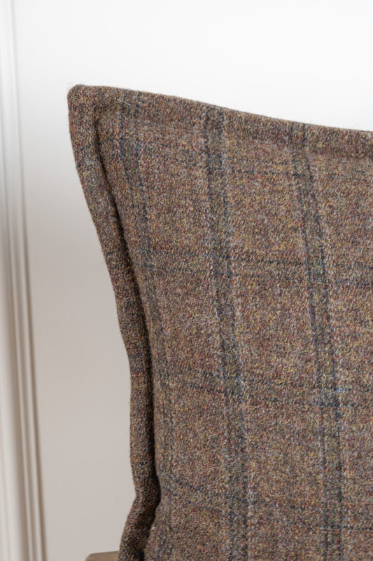 Brown checked wool lumbar cushion with a stitched border, 100% Pure new Wool, Woven, Designed and Made in Ireland. Irish Tweed. Handmade cushions. Long display cushions for bed of sofa 