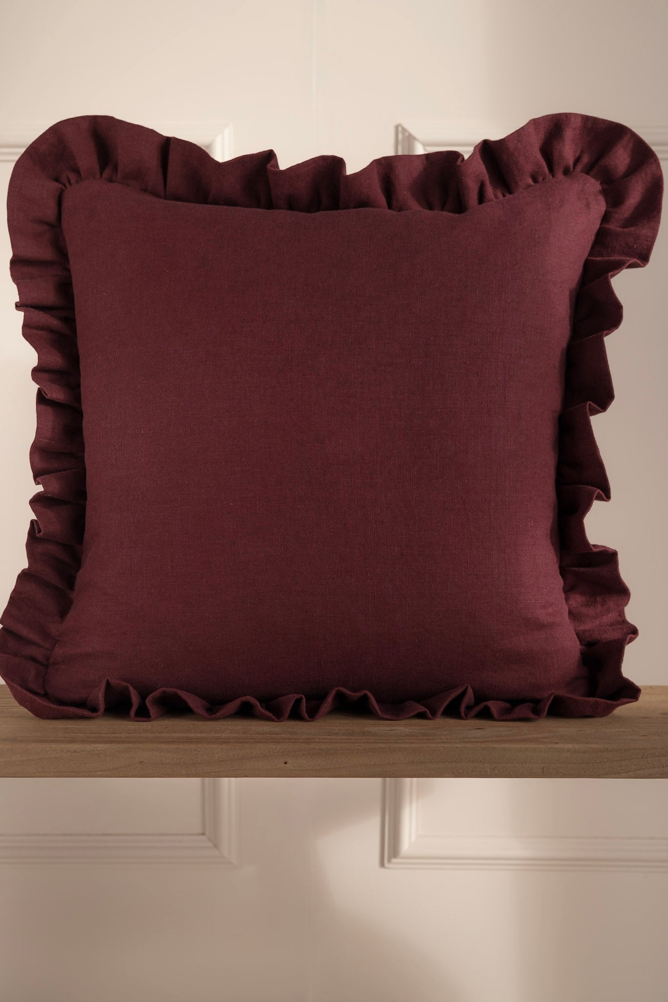 Burgundy Irish Linen Cushion with  Frill Detailing. 100% Irish Linen. Woven, Designed and Made in Ireland