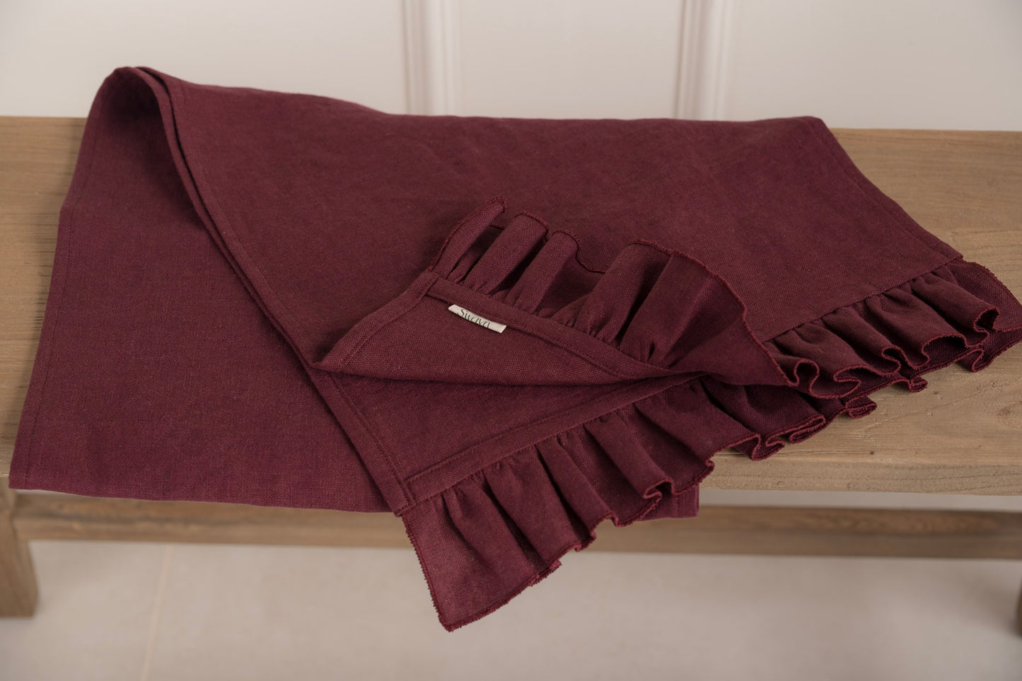 Burgundy Tablerunner with frilled gathered detail. 100% Irish Linen. Made in Ireland