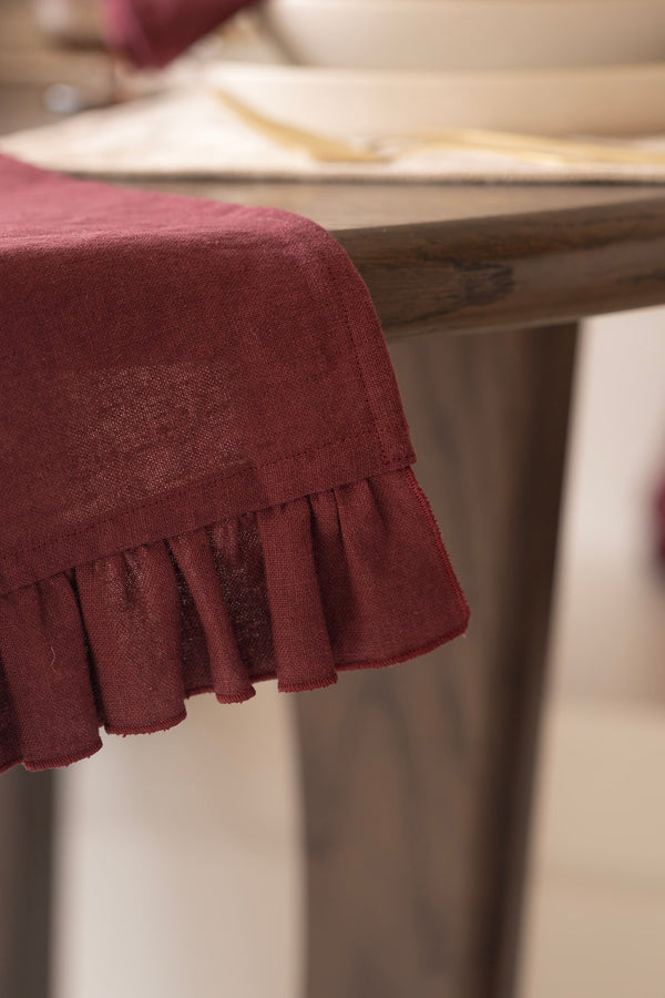 Burgundy Frilled Linen Tablerunner. 100% Irish Linen. Made in Ireland