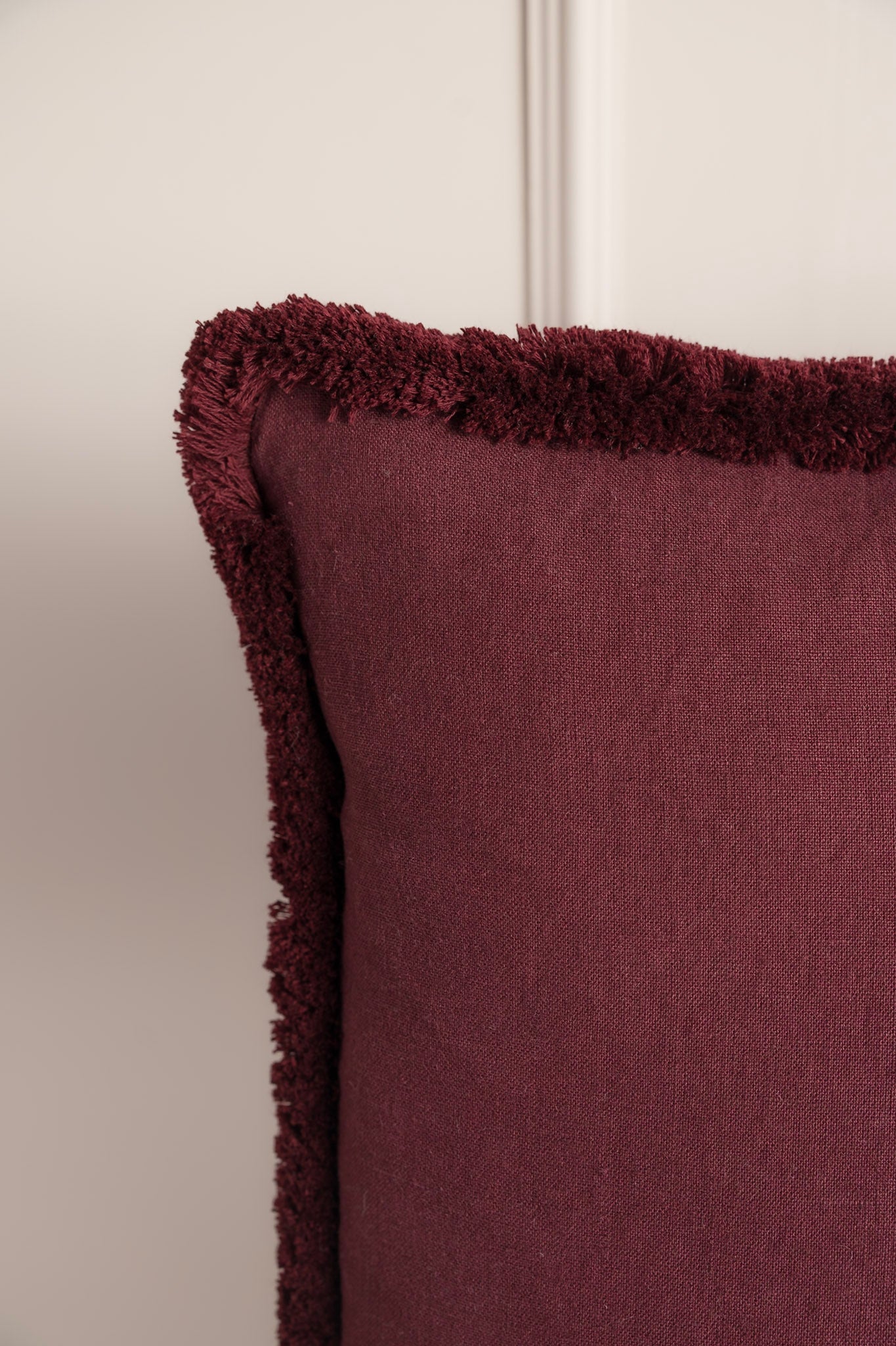 Burgundy Irish Linen Cushion with fringing detail. Plump Duck Feather inner. 100% Irish Linen, Made In Ireland