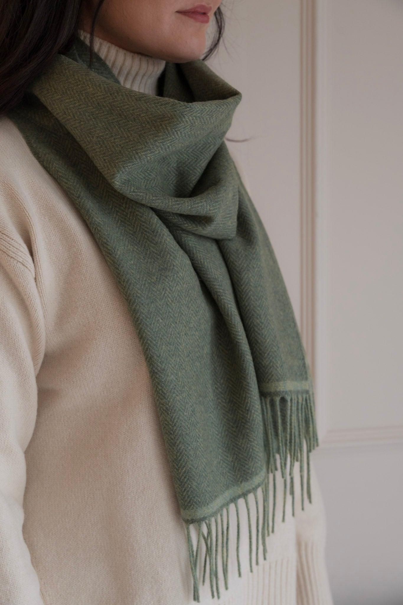 Green Herringbone Unisex Scarf, Soft touch scarf, Made In Ireland, Perfect gift for a loved one, Featuring a purl finish