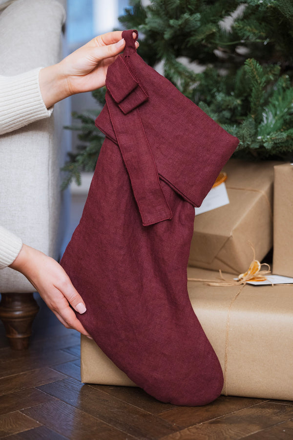 100% Irish Linen Stocking, Burgungy Colour, Stocking under Christmas tree, Handmade in Ireland