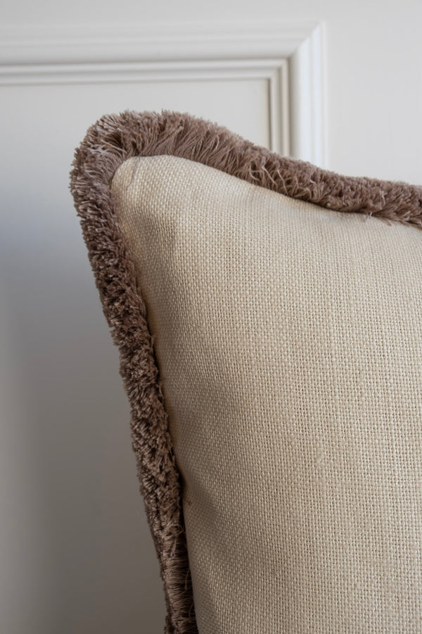 Oat Milk Linen Cushion - Taupe Fringe