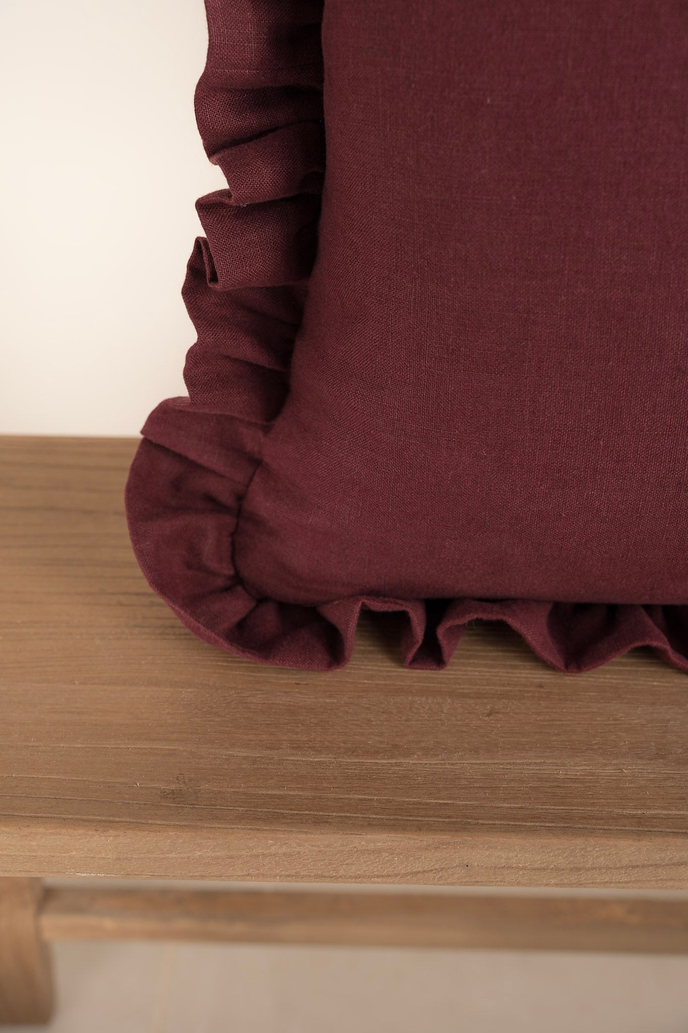 Burgundy Cushion with Frill Detail. 100% Irish Linen.