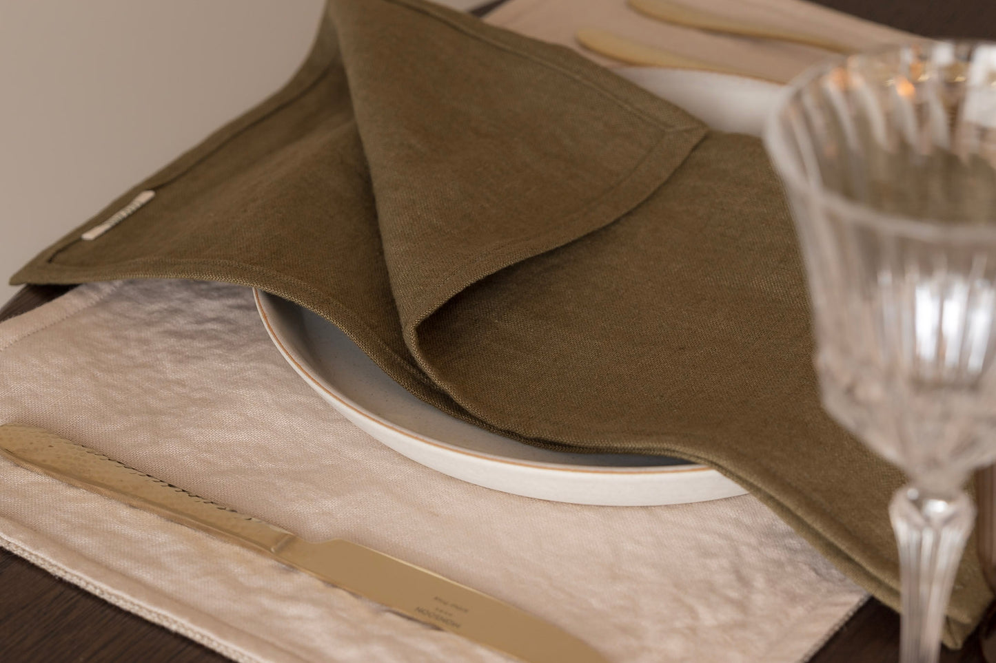 Olive Green Irish Linen Napkins. Tablewear. Set of 2. Laundered finish 100% Irish Linen. Made in Ireland 