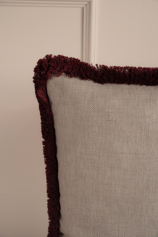 Herringbone Linen Cushion with Thick Burgundy Fringing Detail. 100% Irish Linen, Made in Ireland