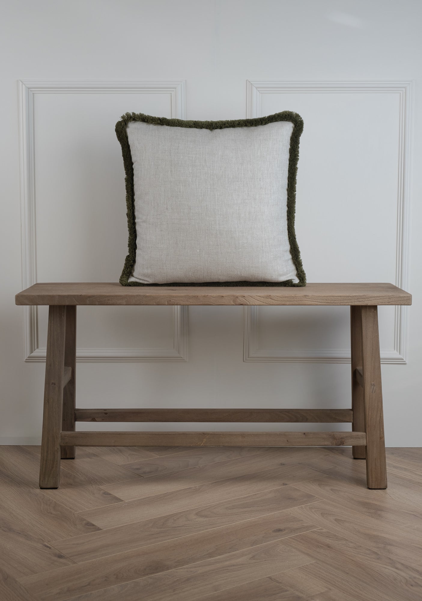 Herringbone Linen Cushion with Olive Moss Green fringing detail. 100% Irish Linen Woven and made in Ireland