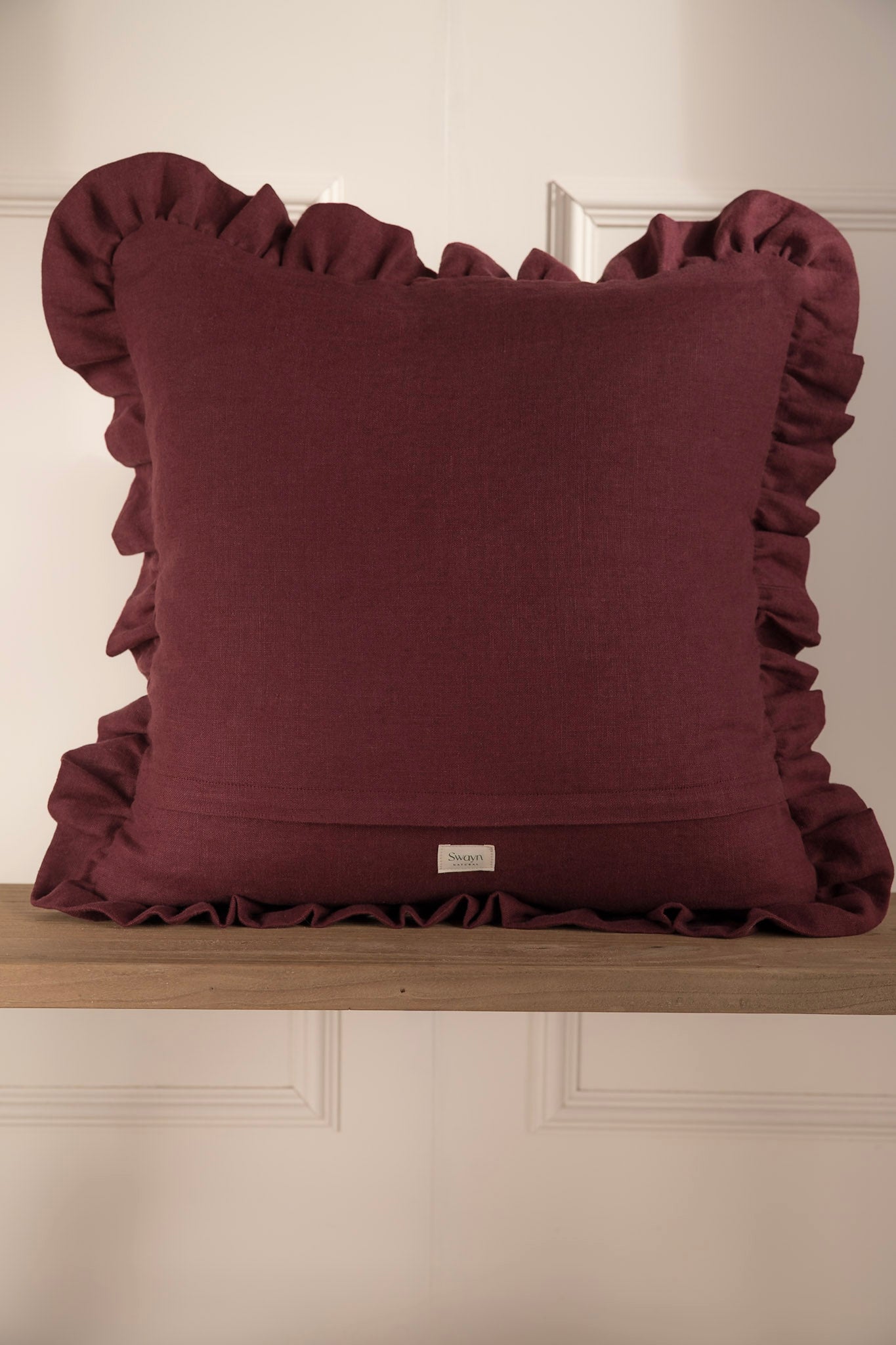Burgundy Cushion with Frill Detail. 100% Irish Linen.