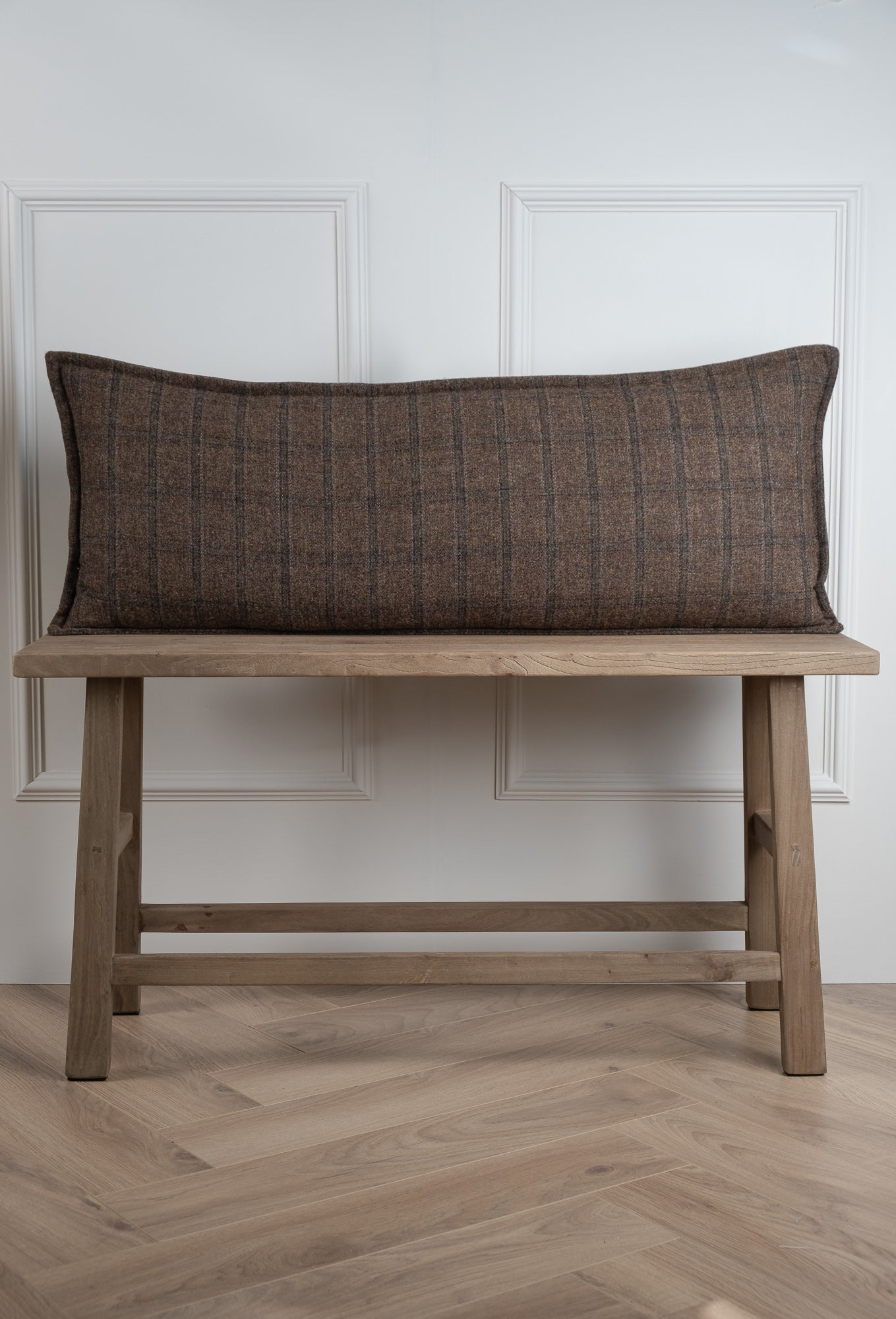 Large Lumbar Bolster cushion in a brown checked tweed fabric. 100% Wool fabric, Woven, Designed and made in Ireland. Long Rectangle cushion.  Long display cushions for bed of sofa 