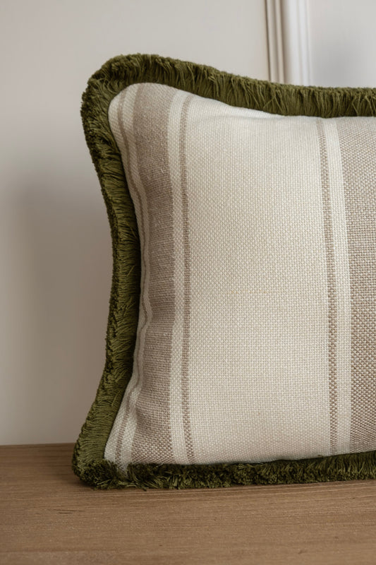 A neutral cushion with stripe pattern with a deep olive green fringe. Striped Neutral Cushion. Made in Ireland, 100% Linen. Athletically pleasing, High Quality cushions that will last.
