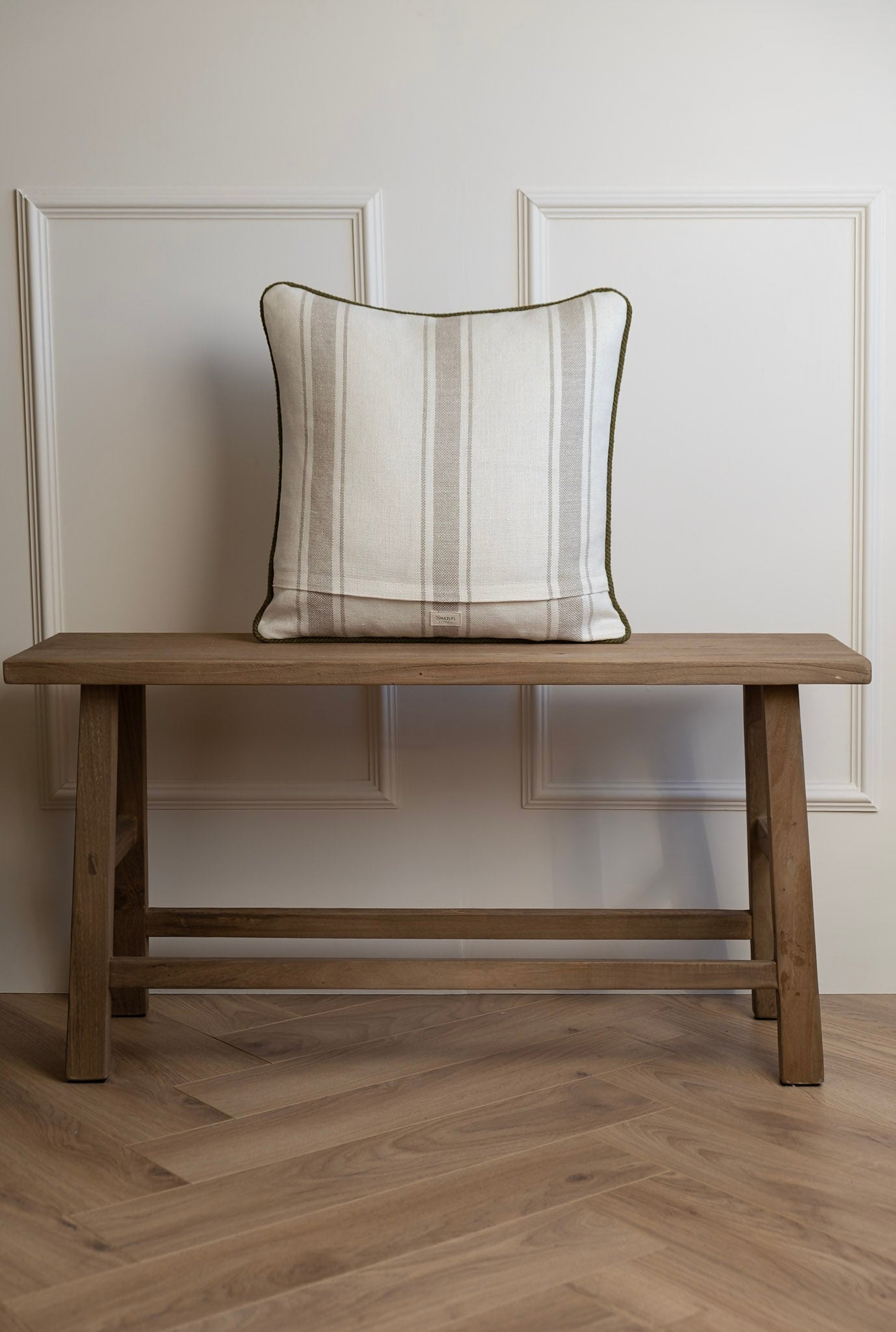 Shadowed Linen Stripe Cushion - Deep Olive Piping