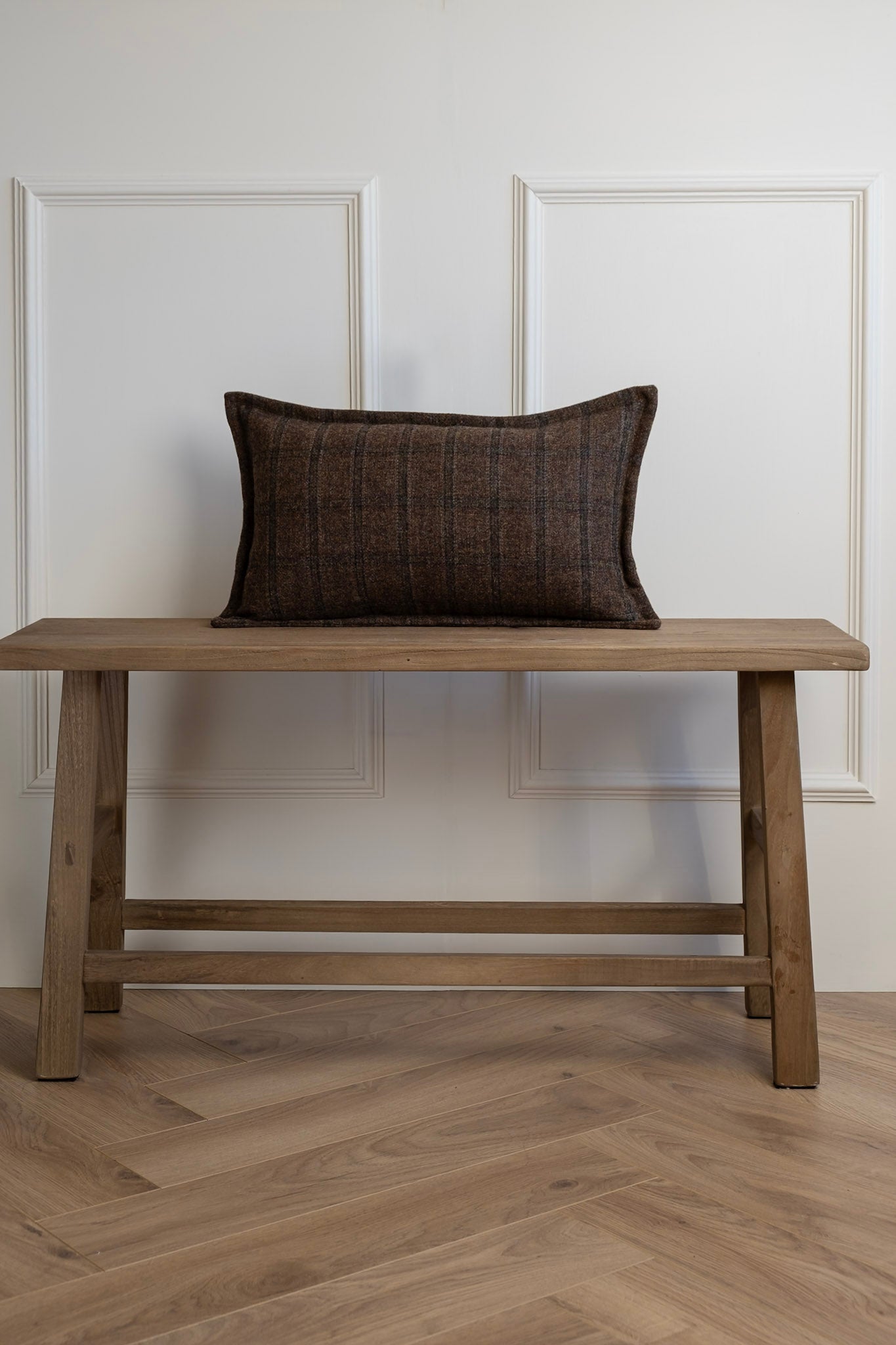 Small lumbar bolster cushion in Brown check tweed fabric. Woven and Made in Ireland. Long Rectangle cushion