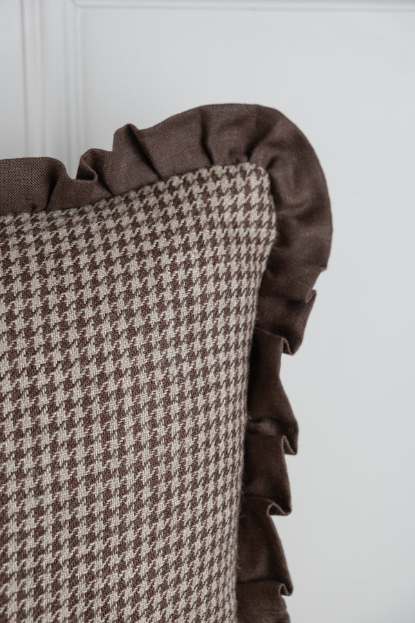 Houndstooth Frill Cushion - Brown