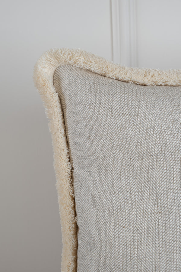 Herringbone Linen Cushion - Cream Fringe